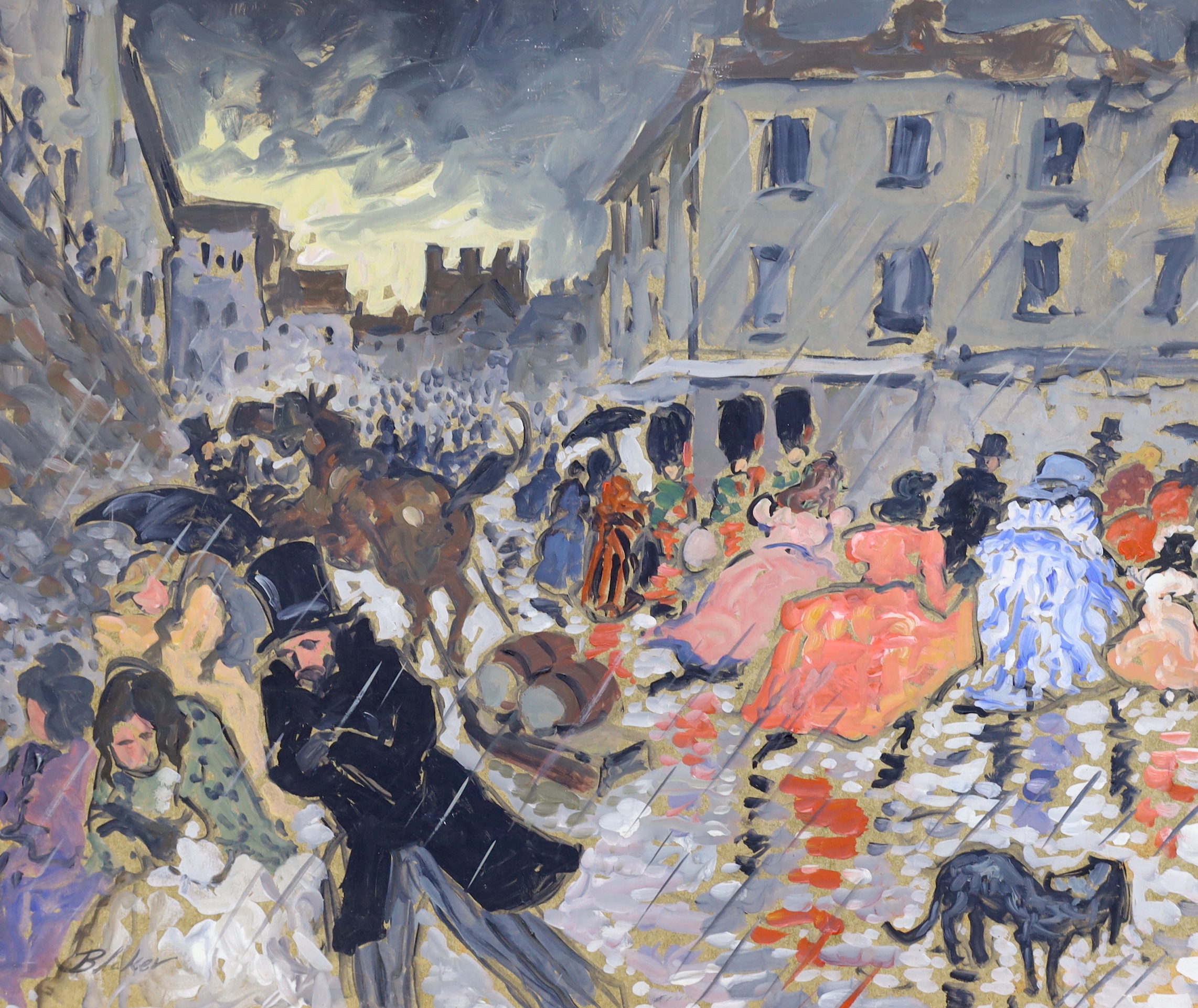 Michael John Blaker (1928-2018), two oils on board, Village street scene and Busy winter street scene, signed, largest 51 x 60cm, unframed